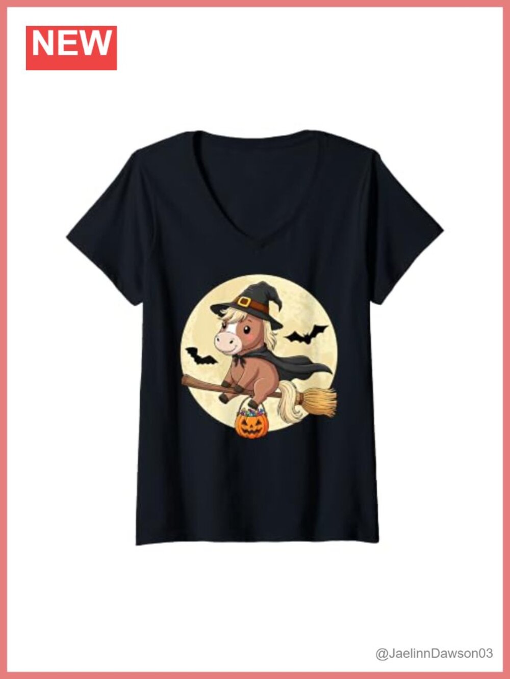 Womens Halloween Horse Witch Pony Flying Broom V-Neck T-Shirt